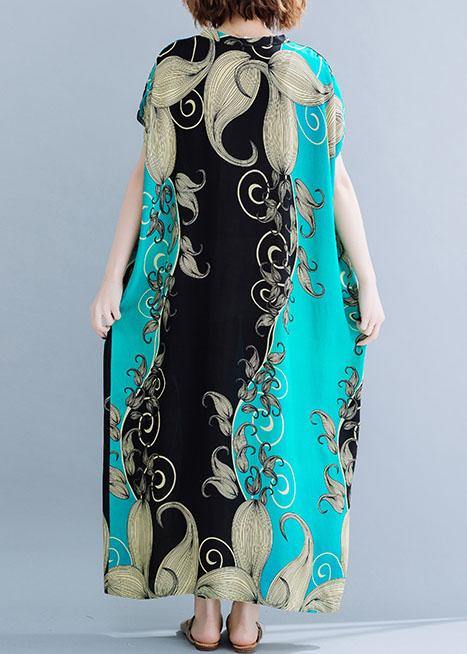 V Neck Cotton Summer Dresses Catwalk Green Print Cotton Robes Dress