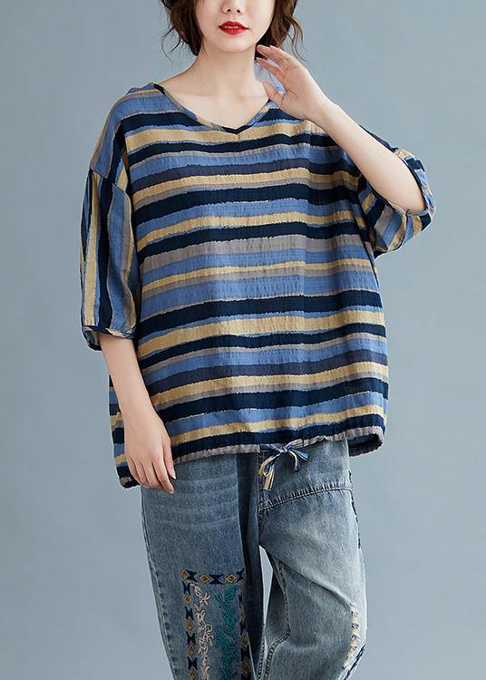 V Neck Cotton Summertunic Blue Striped Tunic Top