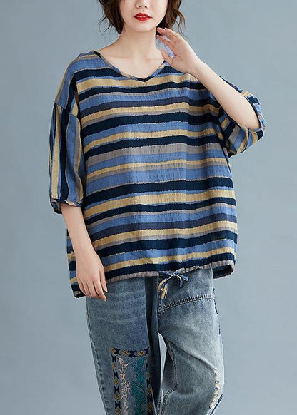 V Neck Cotton Summertunic Blue Striped Tunic Top