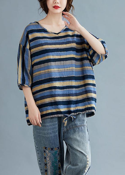 V Neck Cotton Summertunic Blue Striped Tunic Top