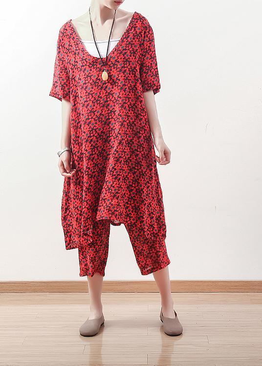 V Neck Crop Pants Linen Clothes for Fine Outfits Red Two Pieces Summer