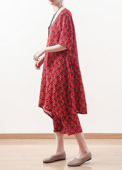 V Neck Crop Pants Linen Clothes for Fine Outfits Red Two Pieces Summer
