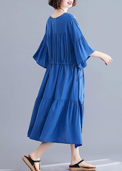 V Neck Drawstring Cotton Catwalk Blue Dress Summer