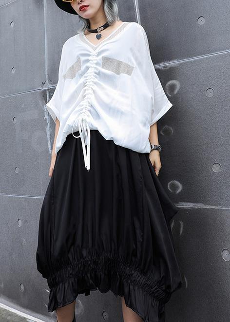 V Neck Drawstring Cotton Shirts Work Black Top Summer
