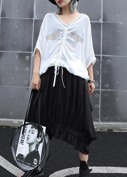 V Neck Drawstring Cotton Shirts Work Black Top Summer