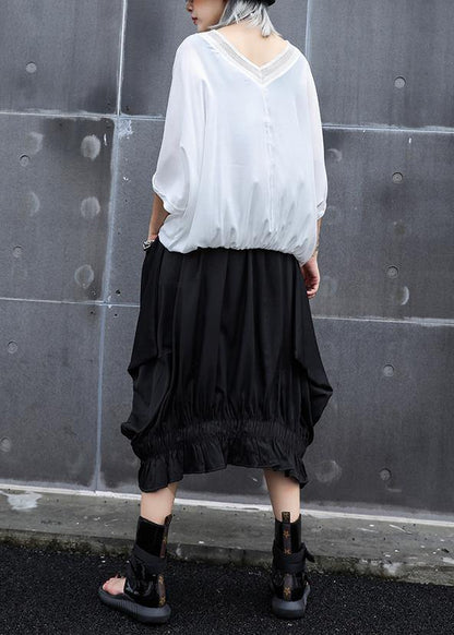 V Neck Drawstring Cotton Shirts Work Black Top Summer
