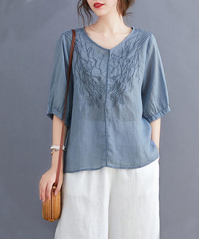 V Neck Embroidery Tops Pattern Blue Blouse