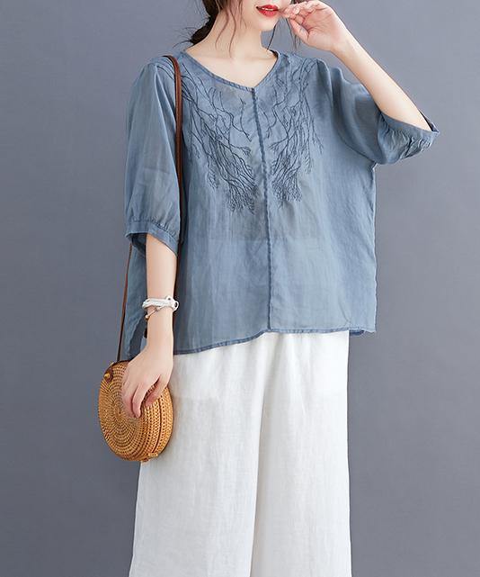V Neck Embroidery Tops Pattern Blue Blouse