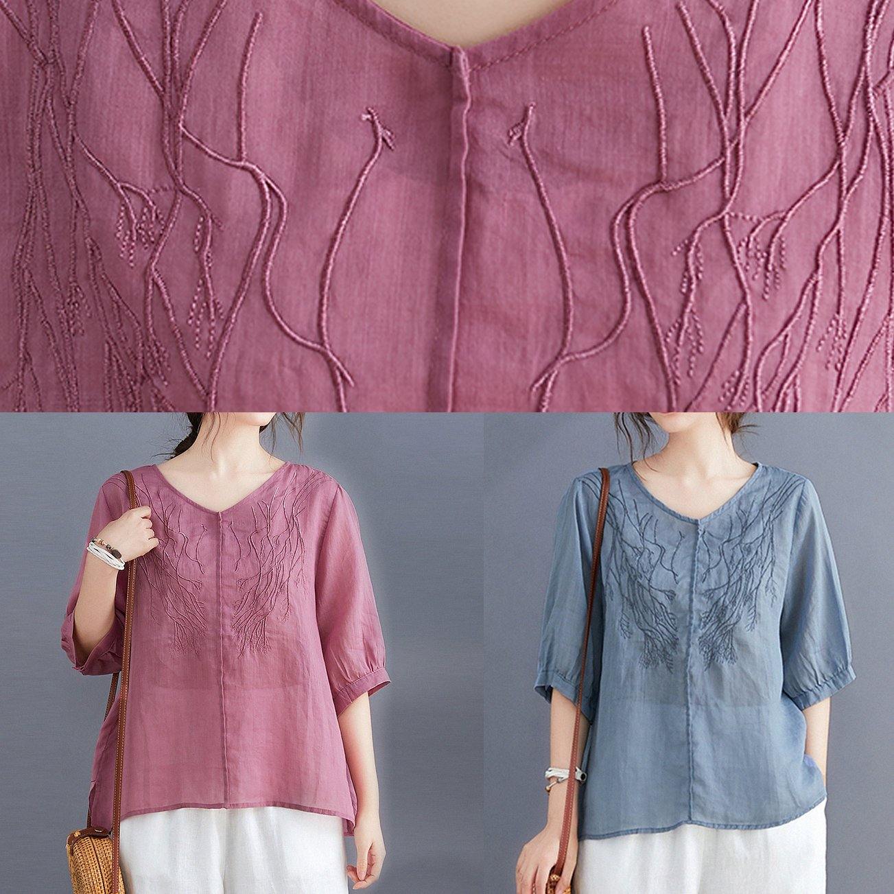V Neck Embroidery Tops Pattern Blue Blouse