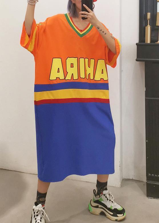 V Neck Half Sleeve Cotton Clothes Inspiration Orange Blue Patchwork Dress Summer