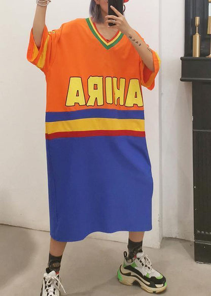 V Neck Half Sleeve Cotton Clothes Inspiration Orange Blue Patchwork Dress Summer