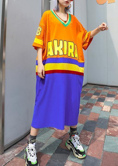 V Neck Half Sleeve Cotton Clothes Inspiration Orange Blue Patchwork Dress Summer