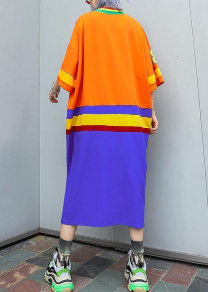 V Neck Half Sleeve Cotton Clothes Inspiration Orange Blue Patchwork Dress Summer