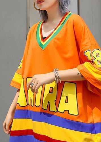 V Neck Half Sleeve Cotton Clothes Inspiration Orange Blue Patchwork Dress Summer