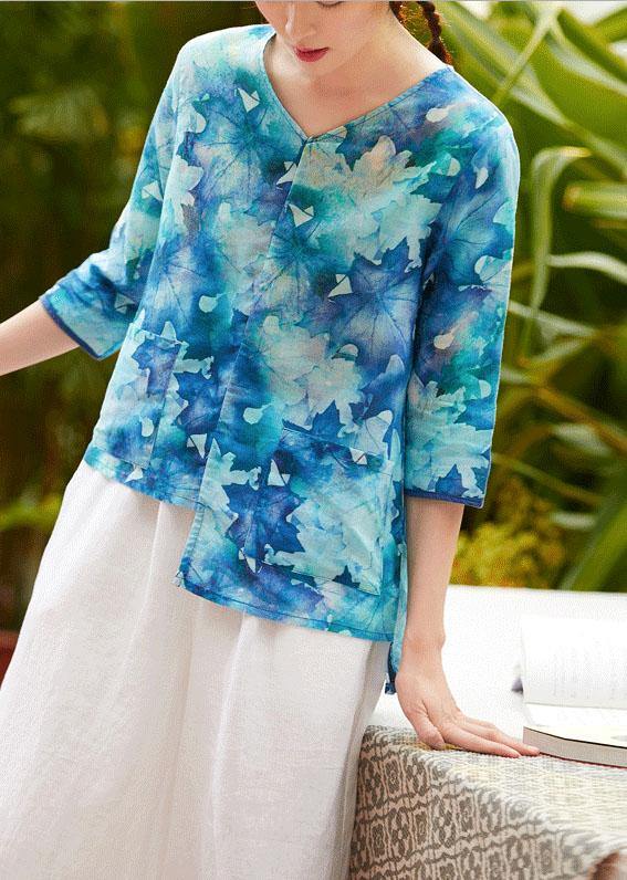 V Neck Half Sleeve Linen Clothes for Shape Blue Prints Shirt Summer