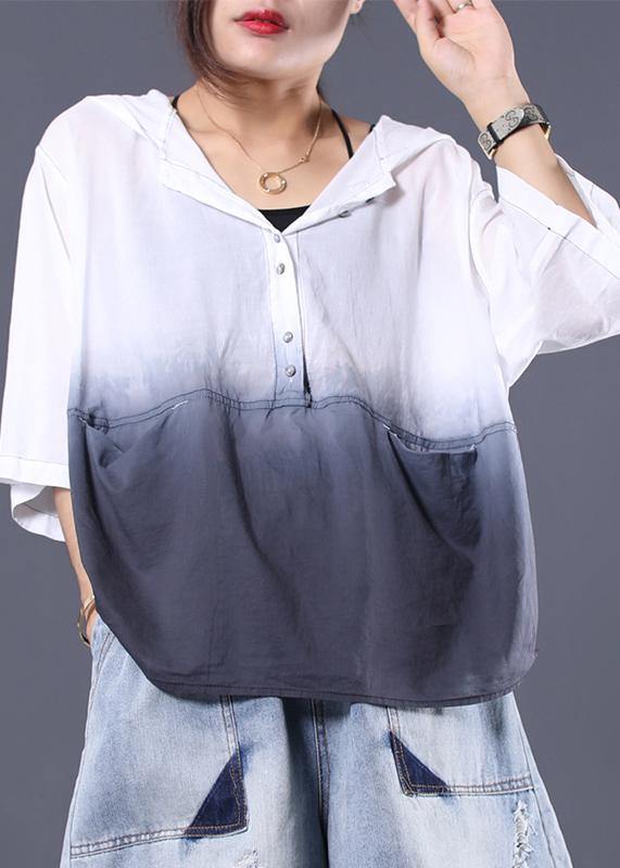 V Neck Hooded Cotton Clothes for White Gradient Color Cotton Summer Shirts