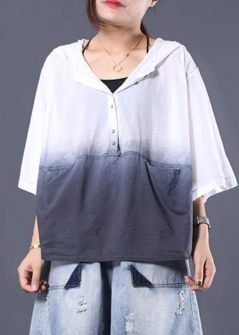 V Neck Hooded Cotton Clothes for White Gradient Color Cotton Summer Shirts
