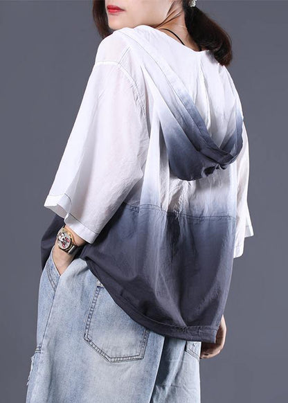 V Neck Hooded Cotton Clothes for White Gradient Color Cotton Summer Shirts