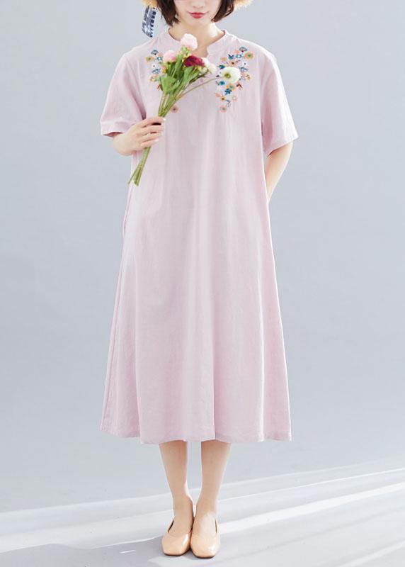 V Neck Linen Clothes Neckline Pink Embroidery Dress Summer
