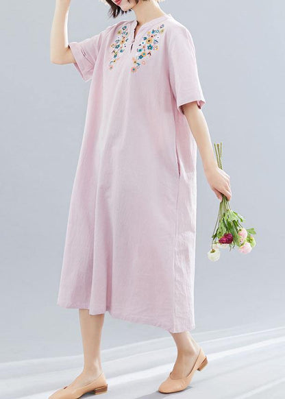 V Neck Linen Clothes Neckline Pink Embroidery Dress Summer
