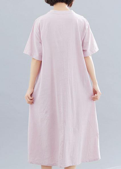 V Neck Linen Clothes Neckline Pink Embroidery Dress Summer