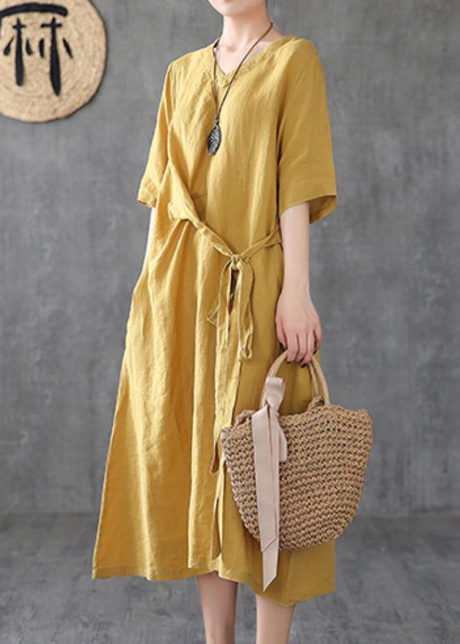 V Neck Linen Clothes Online Shopping Yellow Dresses