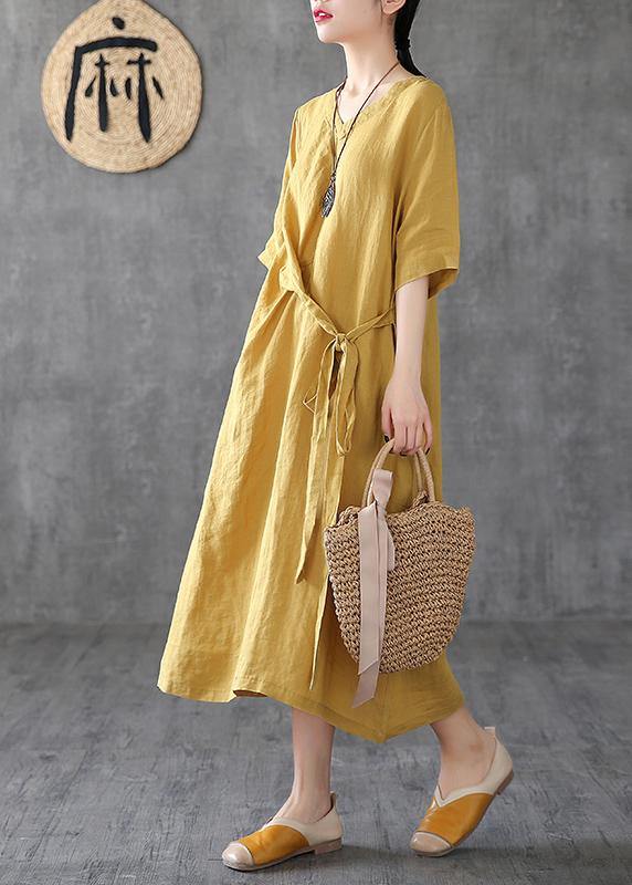 V Neck Linen Clothes Online Shopping Yellow Dresses
