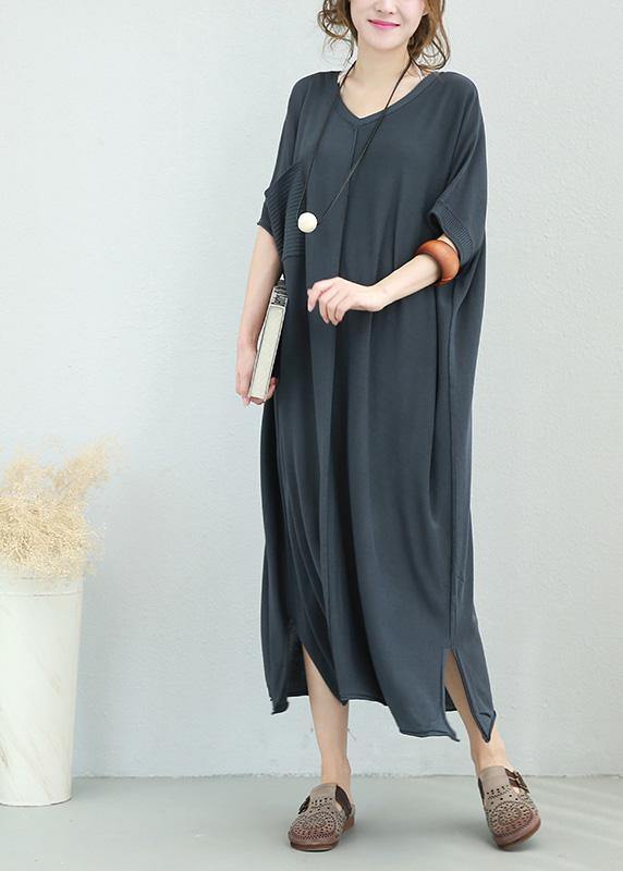 V Neck Linen Dress Shirts Light Gray Dress Side Open Summer