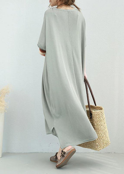 V Neck Linen Dress Shirts Light Gray Dress Side Open Summer