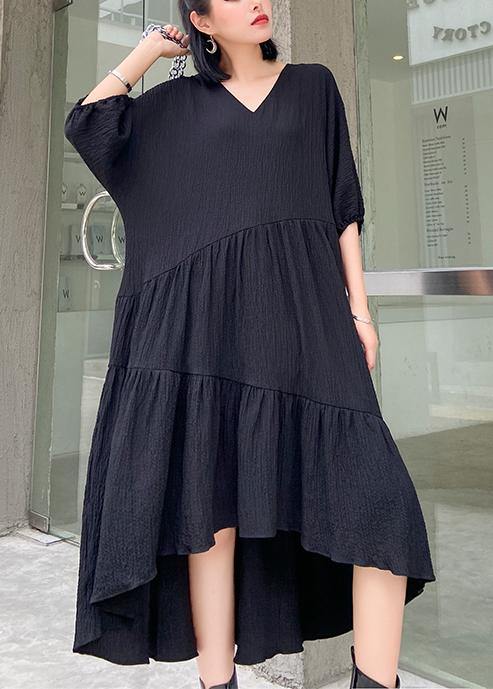 V Neck Low High Design Cotton Summer Black Kaftan Dress