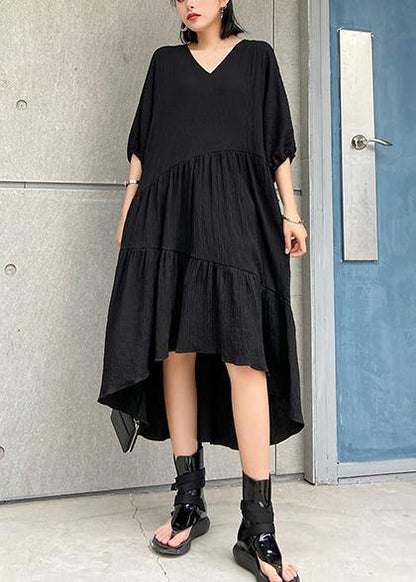 V Neck Low High Design Cotton Summer Black Kaftan Dress