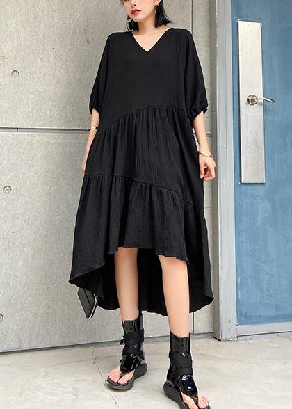 V Neck Low High Design Cotton Summer Black Kaftan Dress