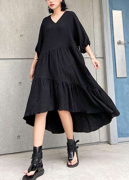 V Neck Low High Design Cotton Summer Black Kaftan Dress
