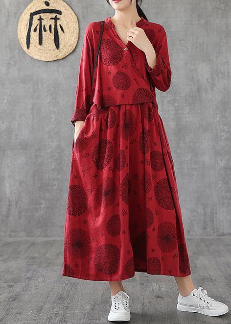 V Neck Patchwork Cotton Clothes Red Embroidery Long Dresses