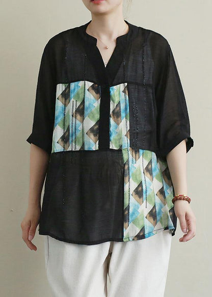 V Neck Patchwork Cotton Tops Black Print Diamond Top