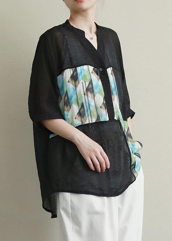 V Neck Patchwork Cotton Tops Black Print Diamond Top