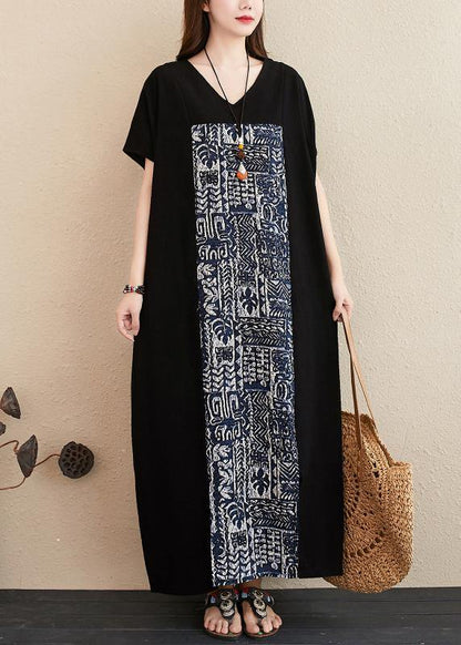 V Neck Patchwork Linen Surroundings Work Black Dresses