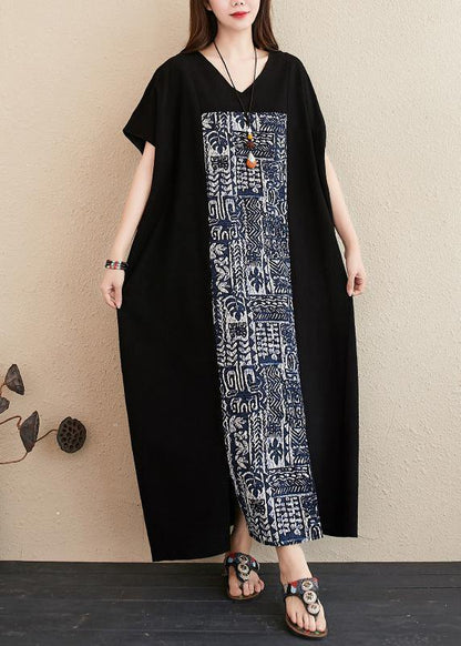 V Neck Patchwork Linen Surroundings Work Black Dresses