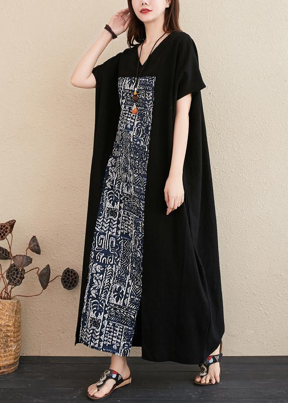 V Neck Patchwork Linen Surroundings Work Black Dresses