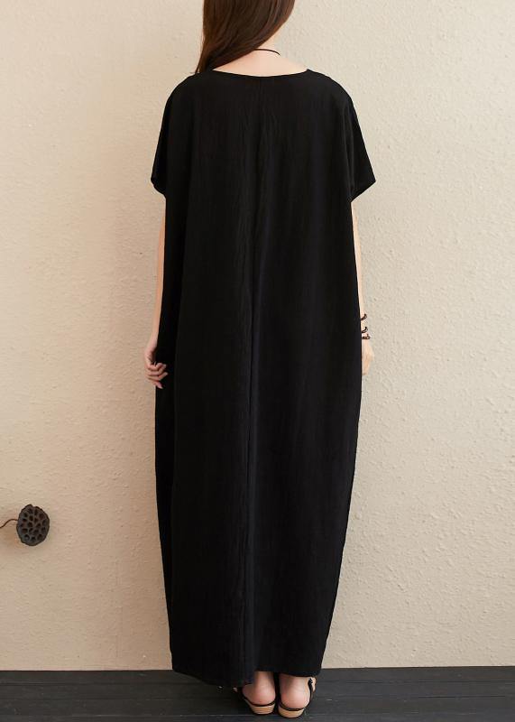 V Neck Patchwork Linen Surroundings Work Black Dresses
