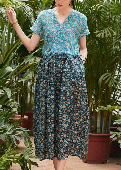 V Neck Patchwork Linen Clothes Fabrics Blue Print Kaftan Dresses Summer