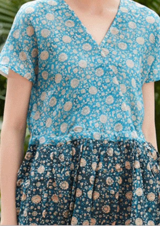 V Neck Patchwork Linen Clothes Fabrics Blue Print Kaftan Dresses Summer
