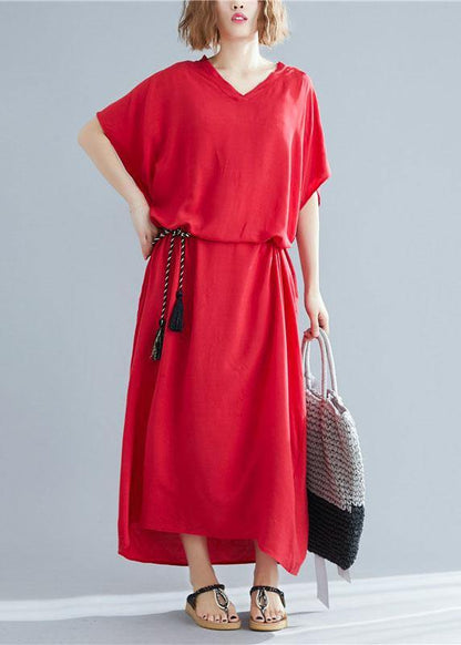 V Neck Pockets Cotton Linen Summer Soft Surroundings Work Red Dress
