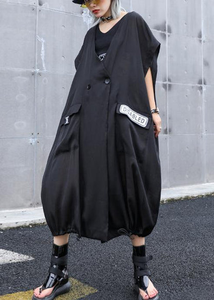 V Neck Pockets Linen Outfit Wardrobes Black Print Dresses Summer