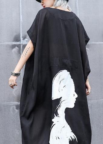 V Neck Pockets Linen Outfit Wardrobes Black Print Dresses Summer