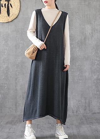 V Neck Sleeveless Tunics Fabrics Gray Long Dresses Spring