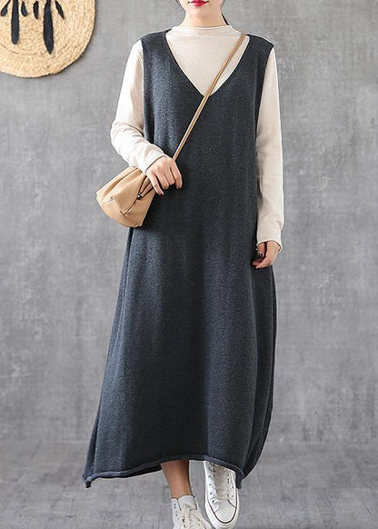 V Neck Sleeveless Tunics Fabrics Gray Long Dresses Spring