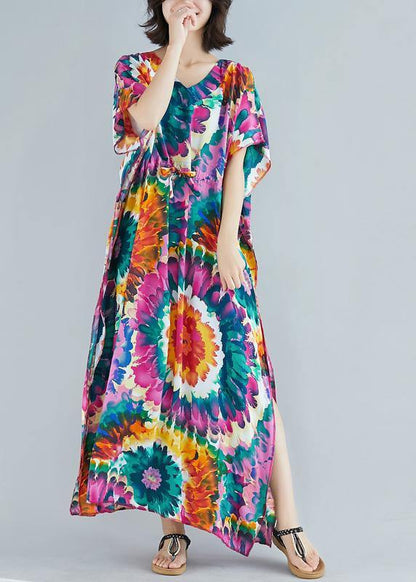 V Neck Tie Waist Cotton Ideas Purple Print Dress Summer