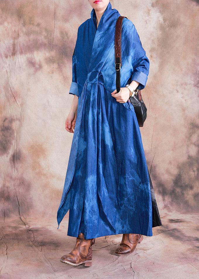 V Neck Tie Waist Cotton Clothes Denim Blue a Line Dress Fall