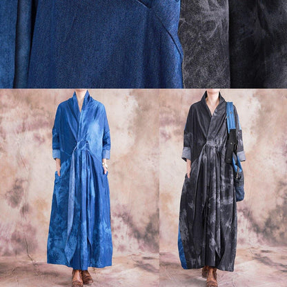 V Neck Tie Waist Cotton Clothes Denim Blue a Line Dress Fall